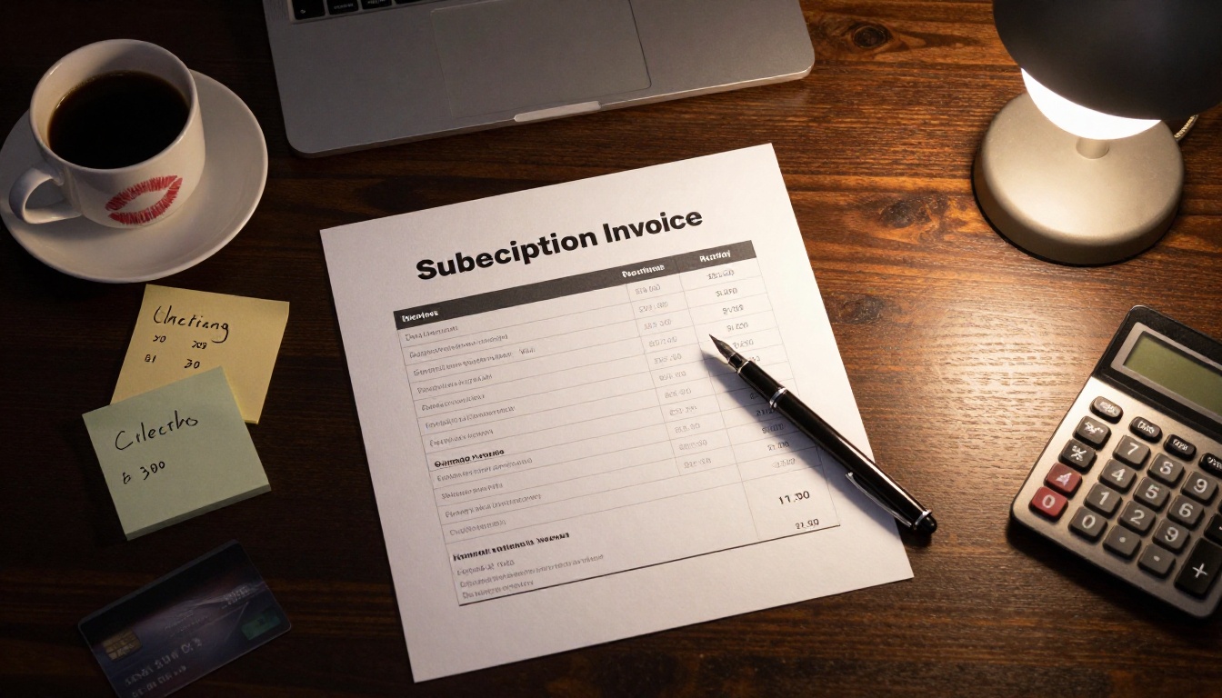 Desk flat-lay with subscription invoice and pricing calculator