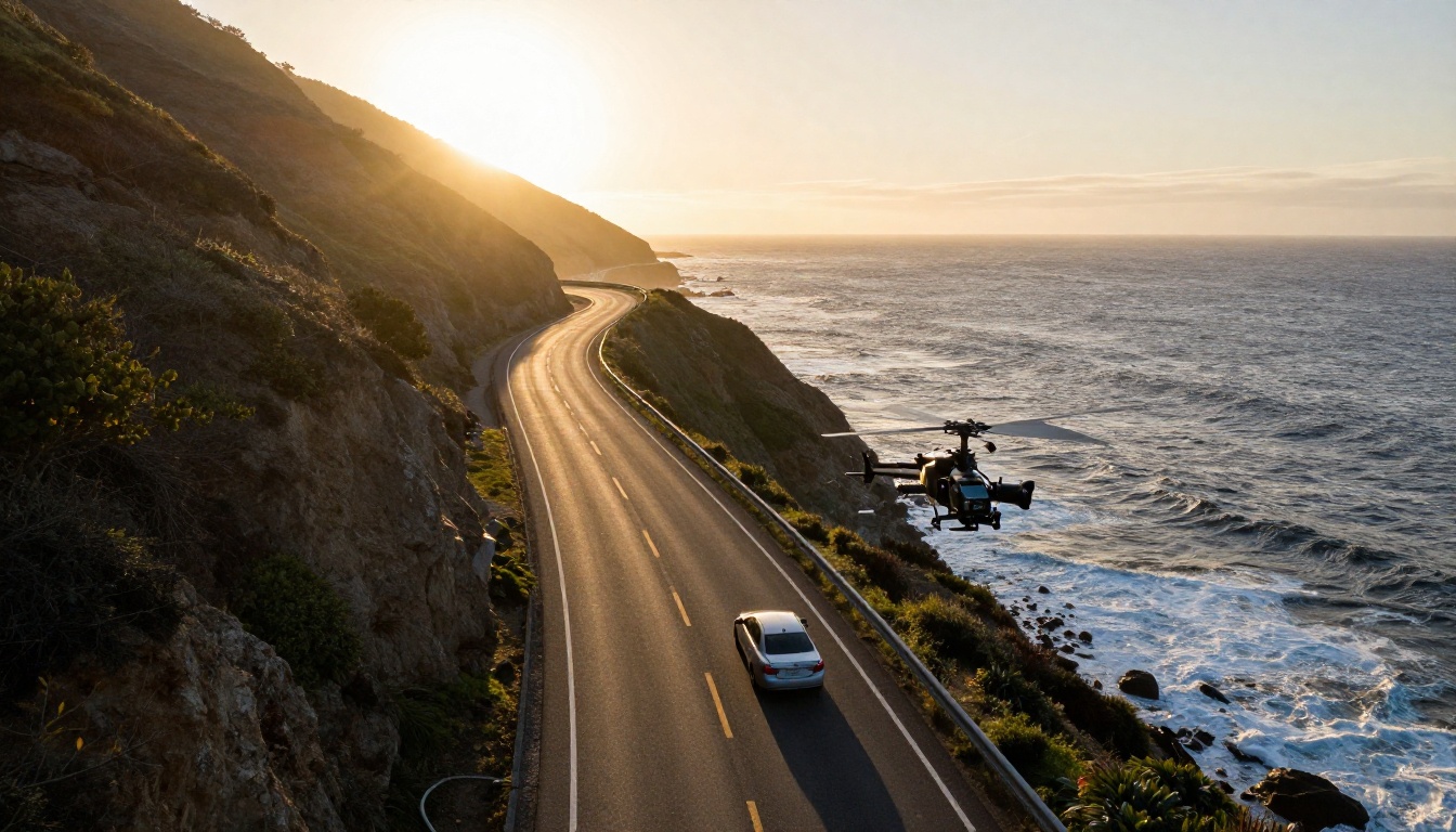 Aerial cinematic footage of coastal highway at golden hour