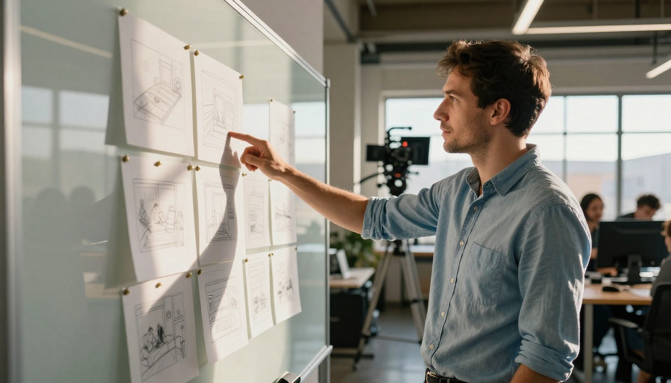 Creative director reviewing video storyboards in open-plan studio