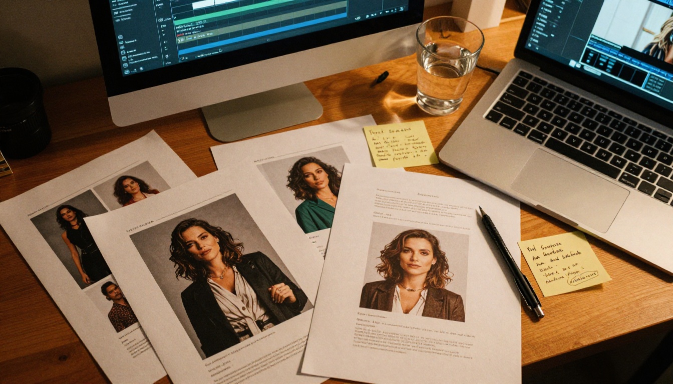 Character reference sheets spread across a filmmaker's wooden desk with handwritten trait documentation