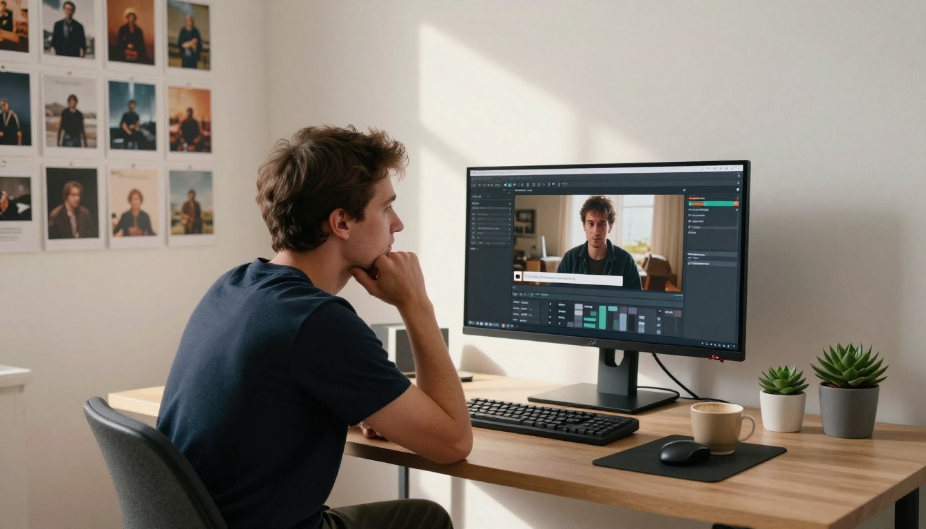 A creative director studying a text-to-video prompt interface in a minimalist home studio