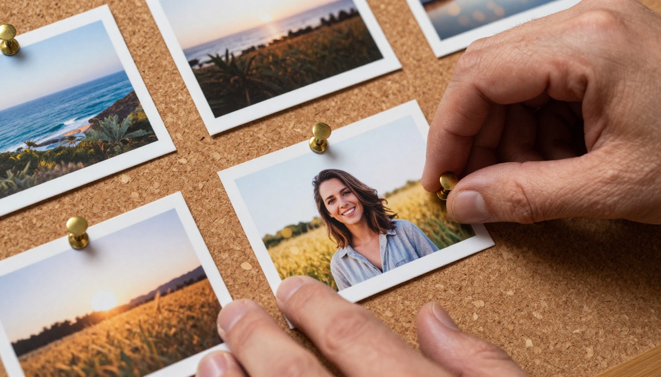 Reference photographs arranged on cork pinboard ready for AI video generation
