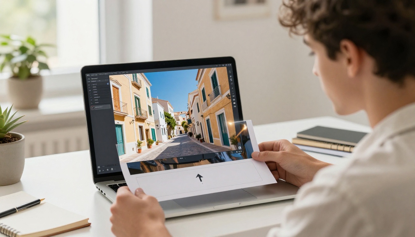 Man holding reference photograph while laptop displays AI video interface