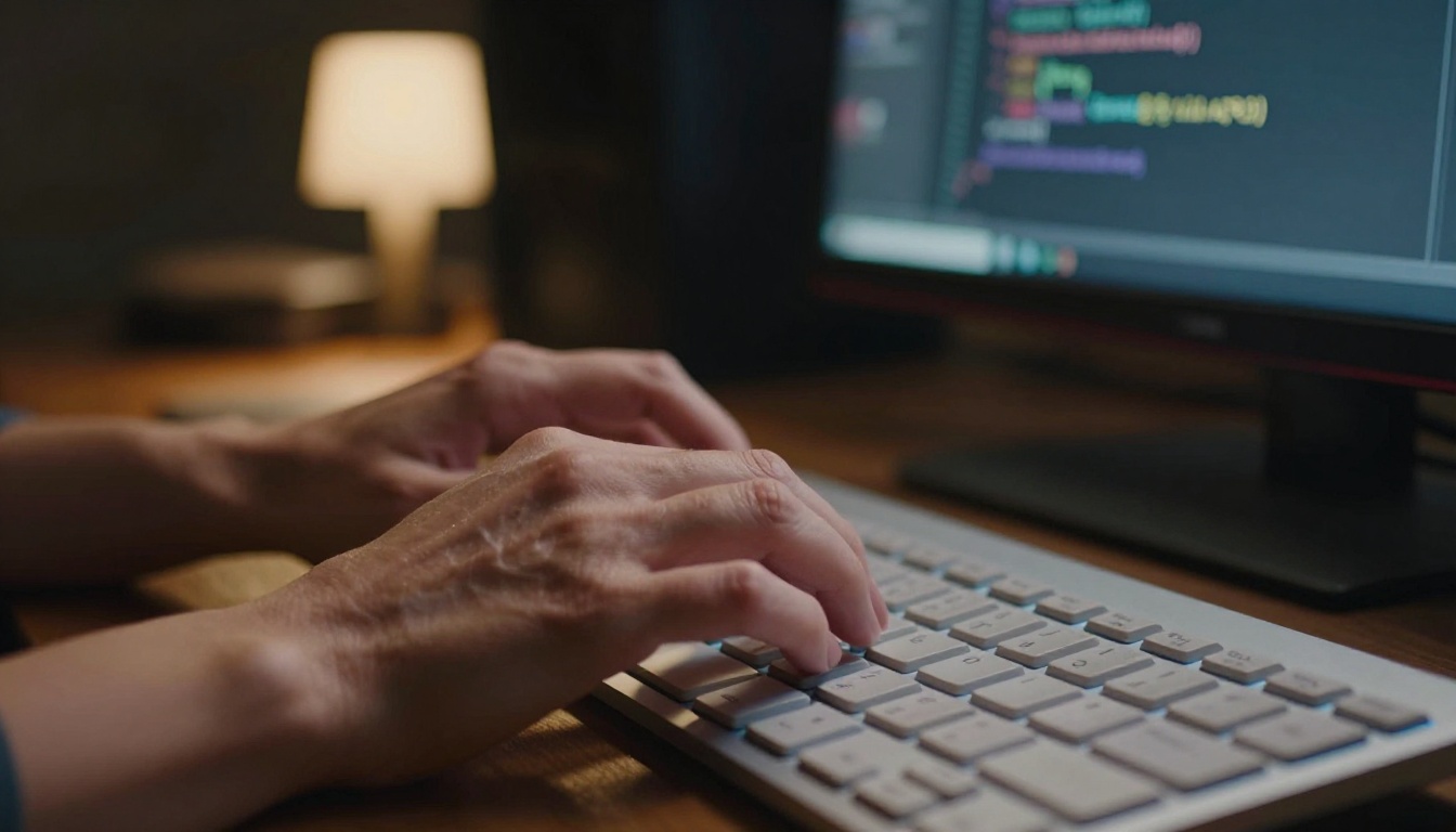 Close-up of hands typing rapidly on a backlit keyboard in a dimly lit production room