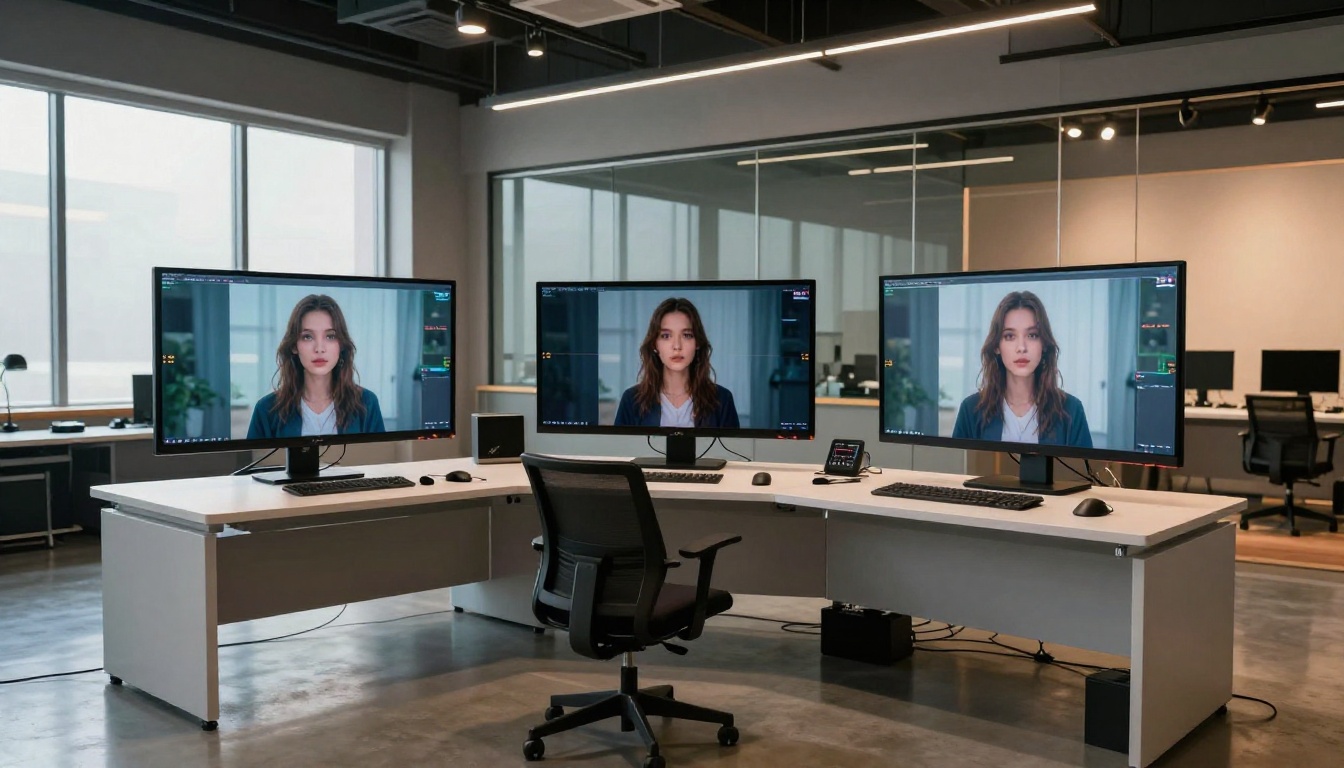 Wide view of a sleek production studio with three monitors showing consistent AI character frames across different scenes