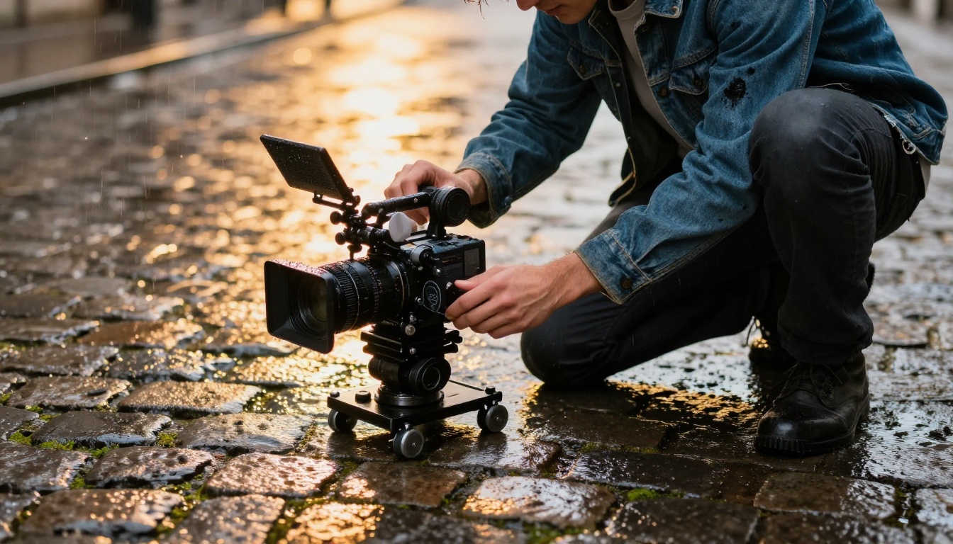 Cinematographer adjusting cinema camera in rain on cobblestone street