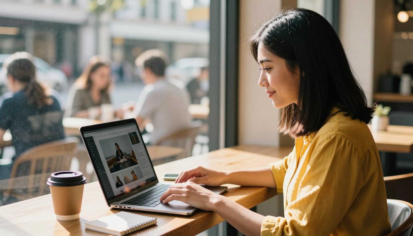 A woman smiling at her laptop showing an AI video generation platform in a bright café window