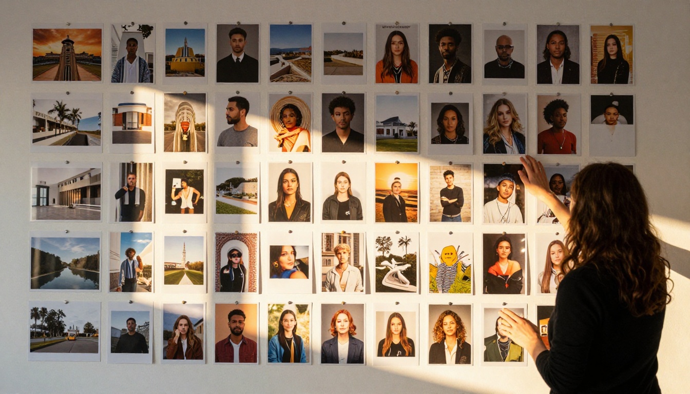 Creative mood board wall covered in reference photographs