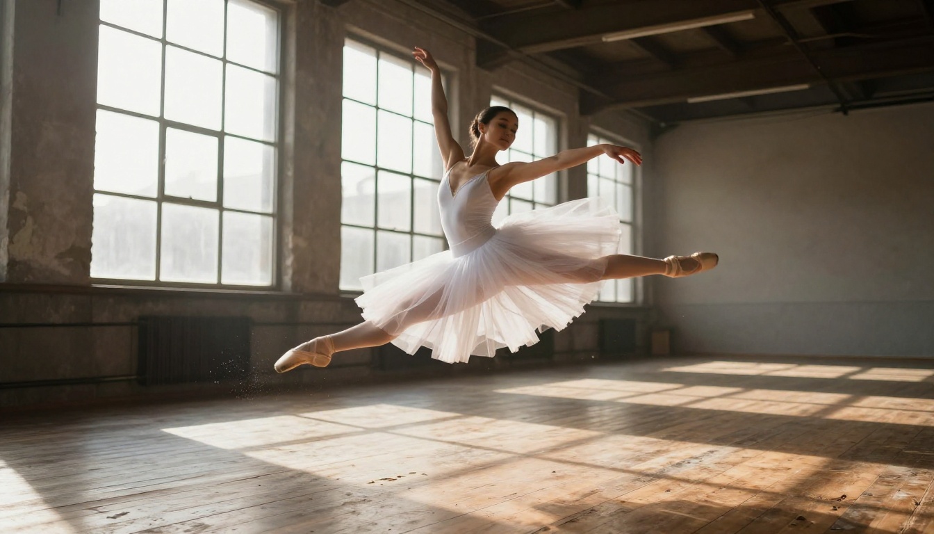 Ballet dancer mid-leap with natural motion blur and warehouse lighting