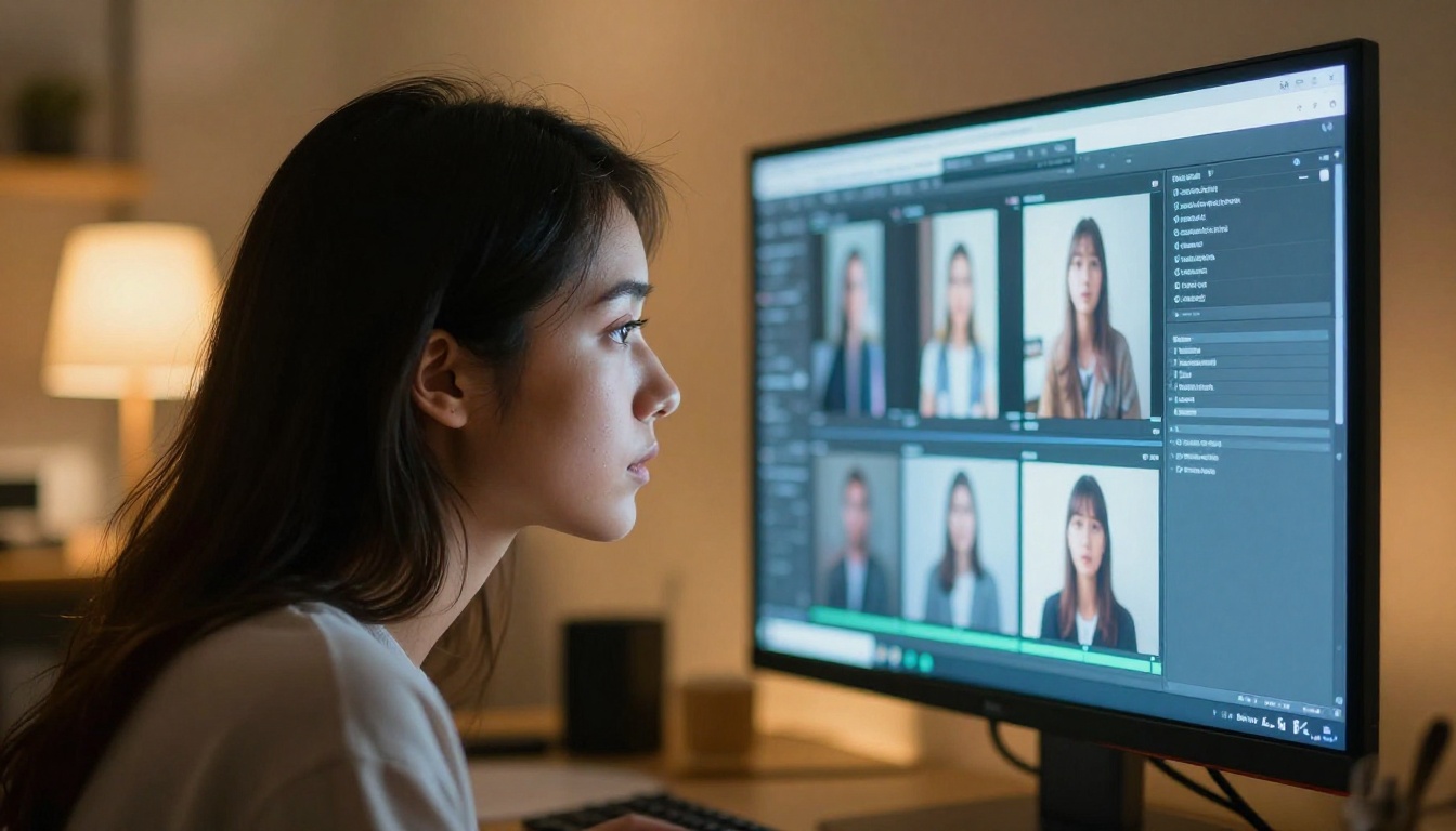 Woman profile examining AI-generated video results on large monitor