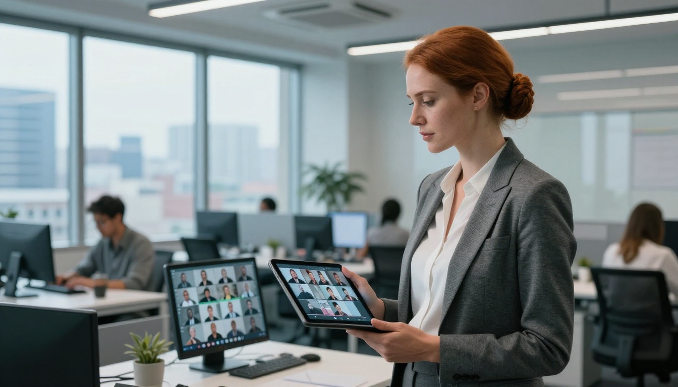 A professional woman with auburn hair holding a tablet showing character thumbnails in a modern tech office