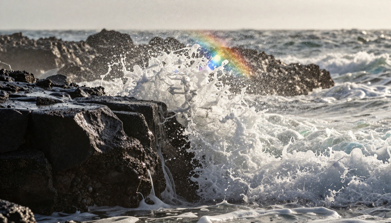 Close-up ocean waves crashing on volcanic rock demonstrating fluid physics