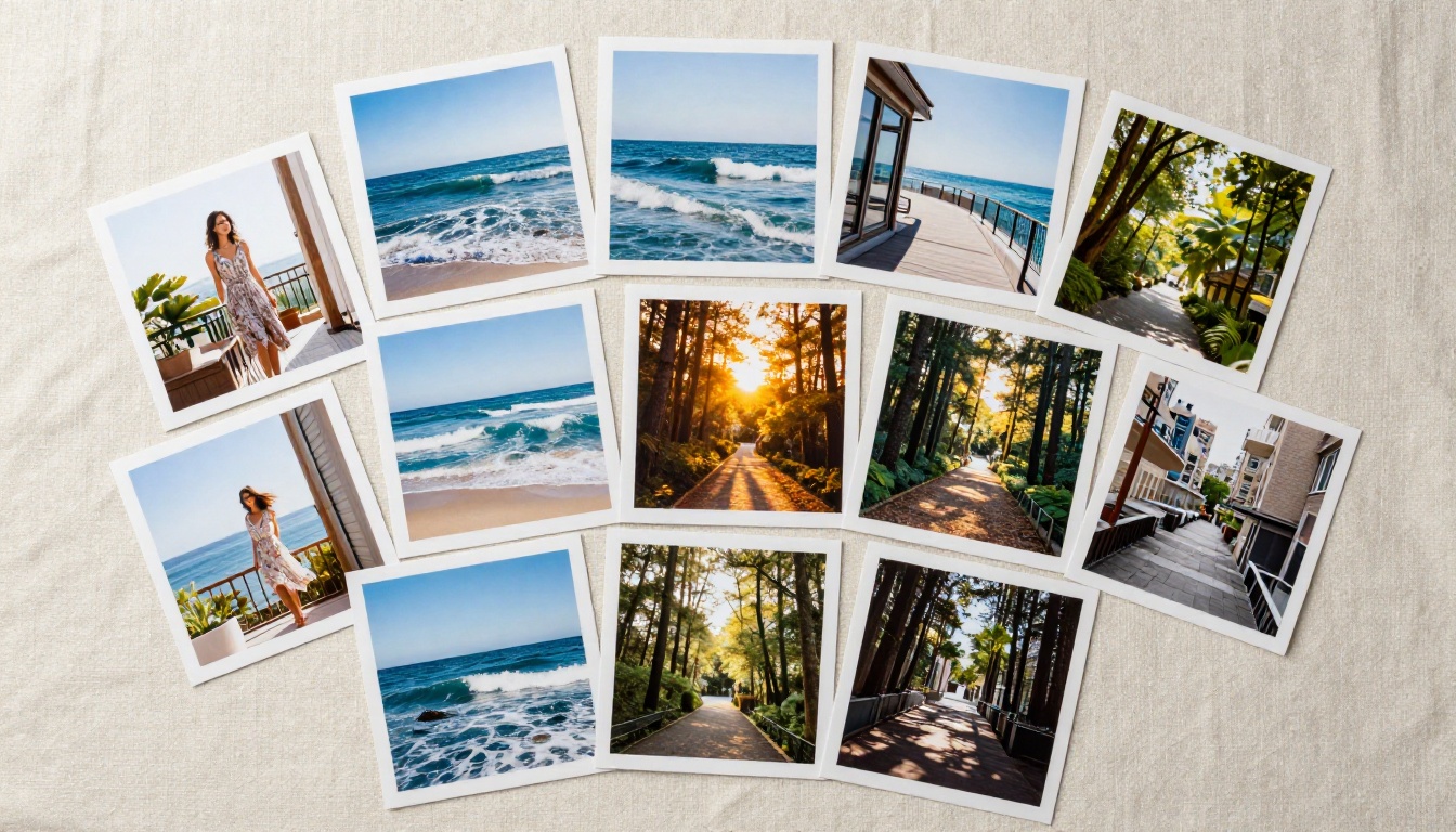 Flat-lay of curated reference photographs on linen surface