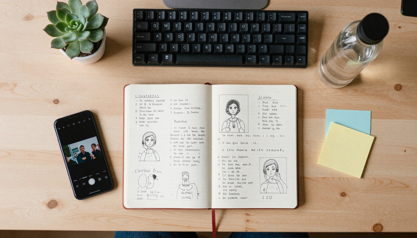 Aerial flat-lay of a filmmaker's creative workspace with notebooks, keyboard, and color-coded character notes