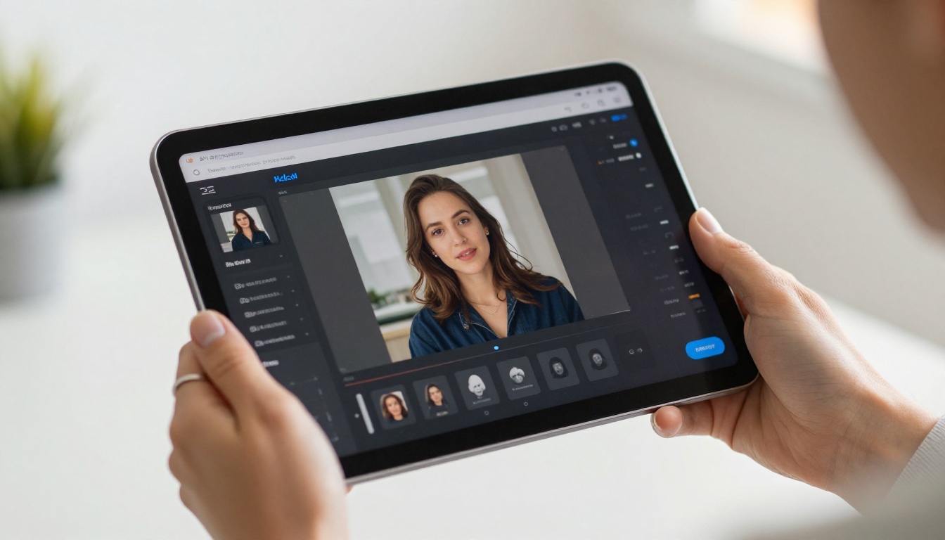 Hands holding tablet displaying AI video generation interface with reference image grid