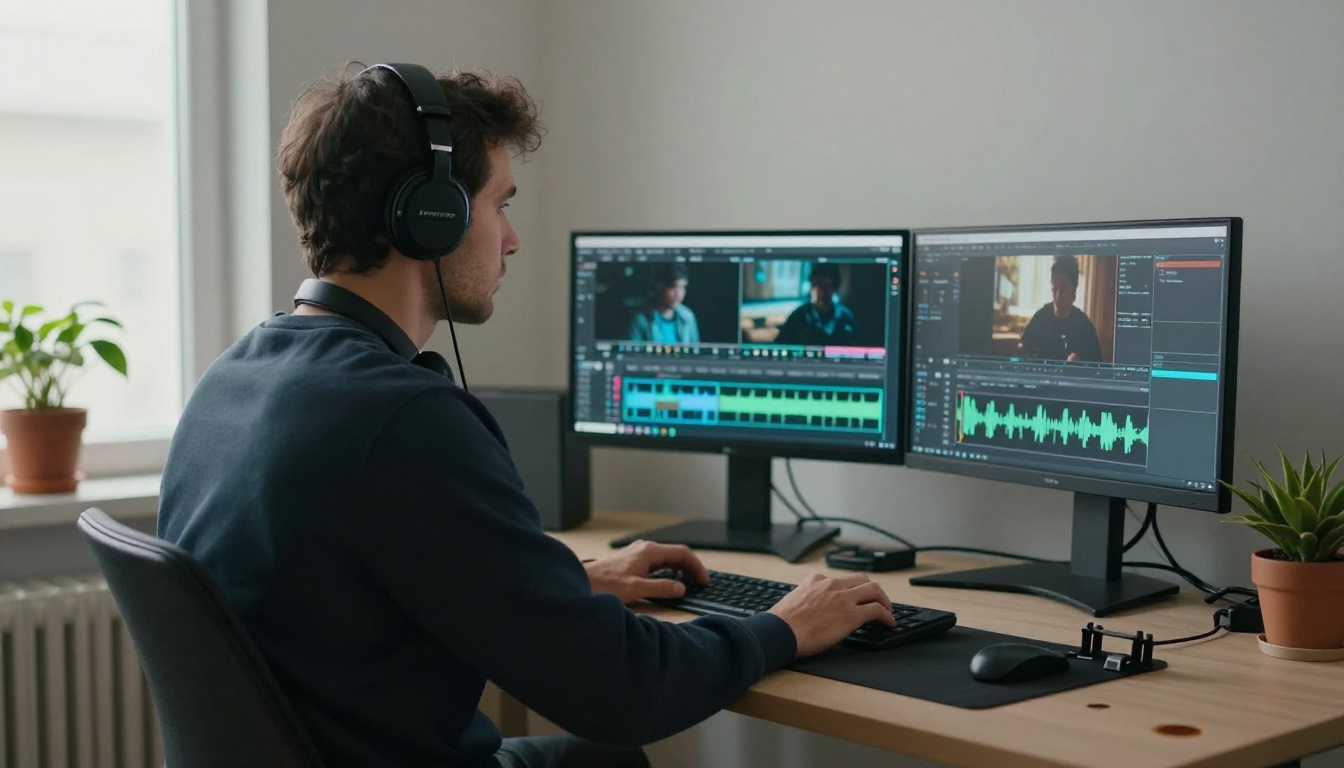 Video editor reviewing AI-generated footage at professional workstation Video editor reviewing AI-generated footage at professional workstation