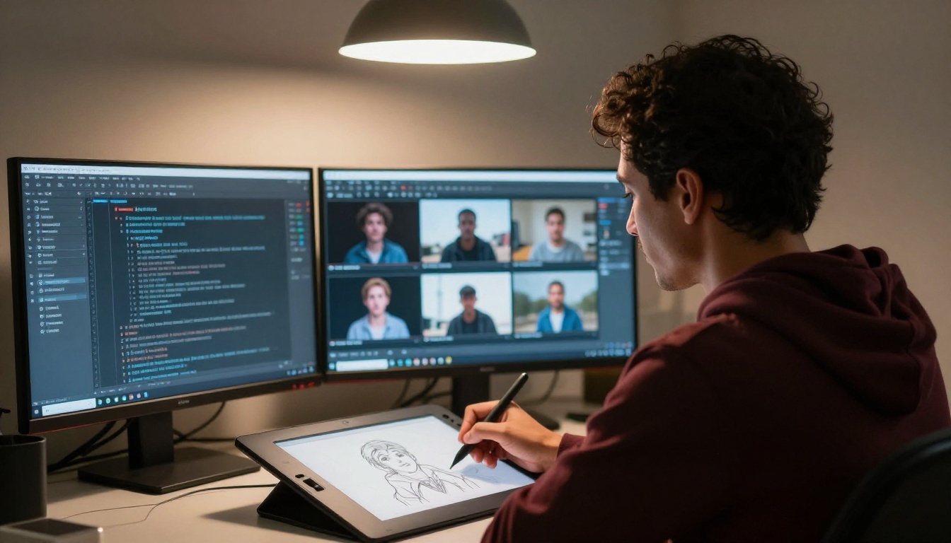 A content creator working at two monitors, sketching a character reference on a drawing tablet