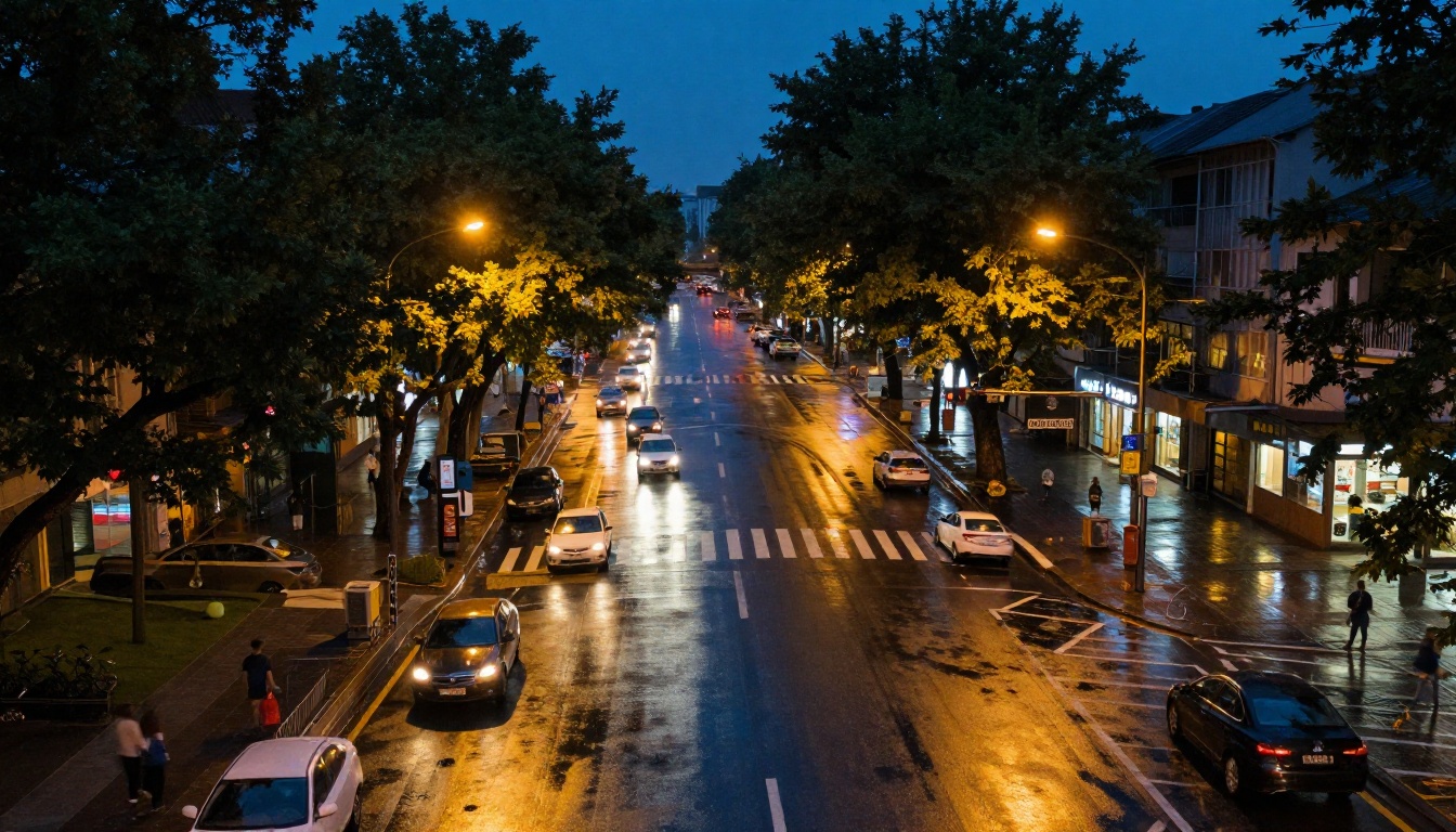 Urban aerial view at twilight showing motion streaks and atmospheric detail