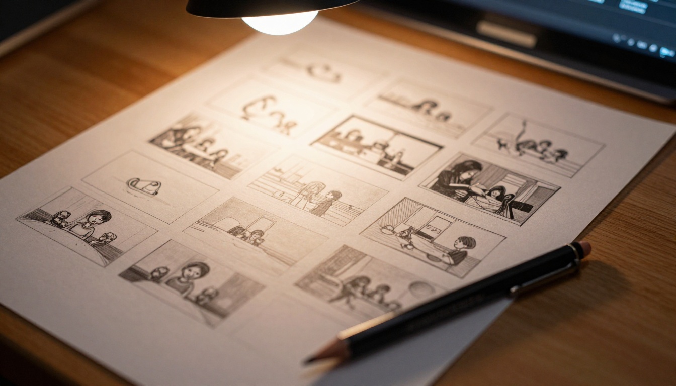 Storyboard sheet with reference photographs planning AI video workflow