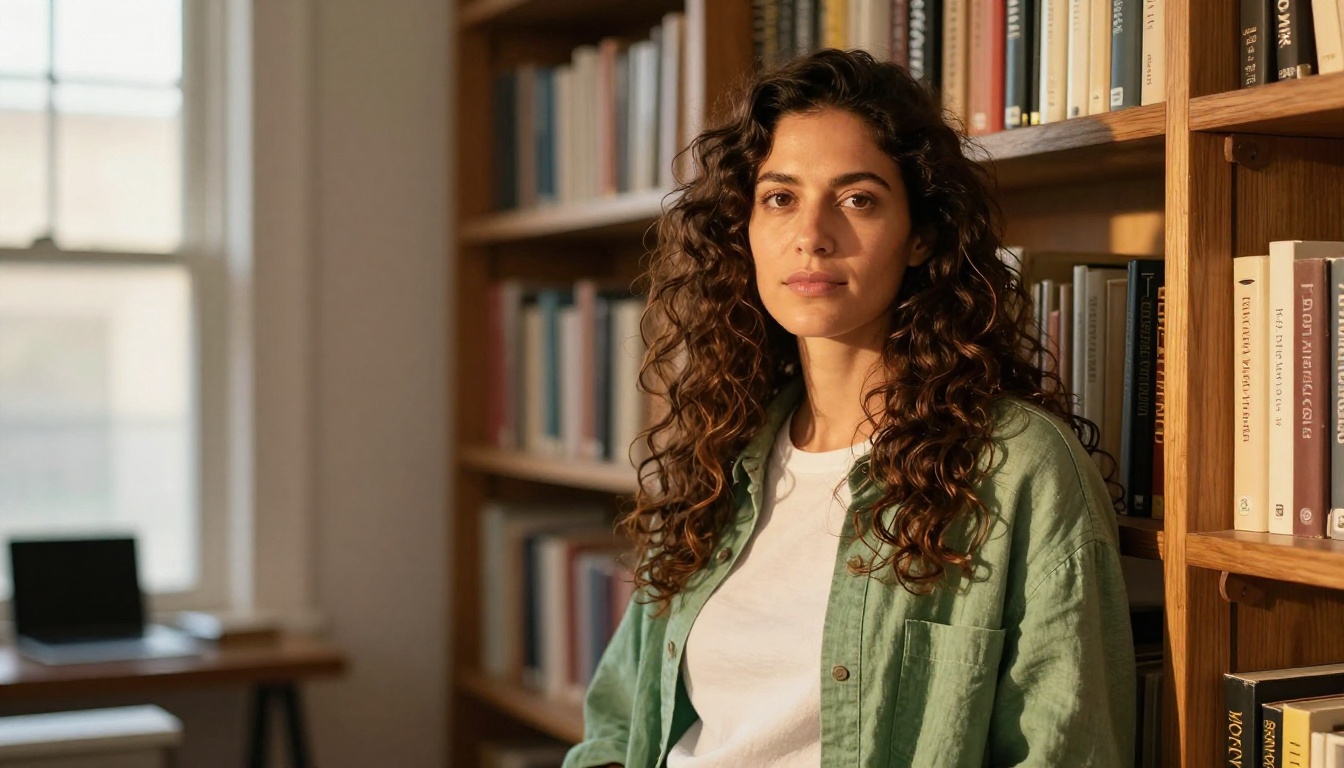 A creative content creator with curly hair standing in a warm home office, confident expression, golden hour light