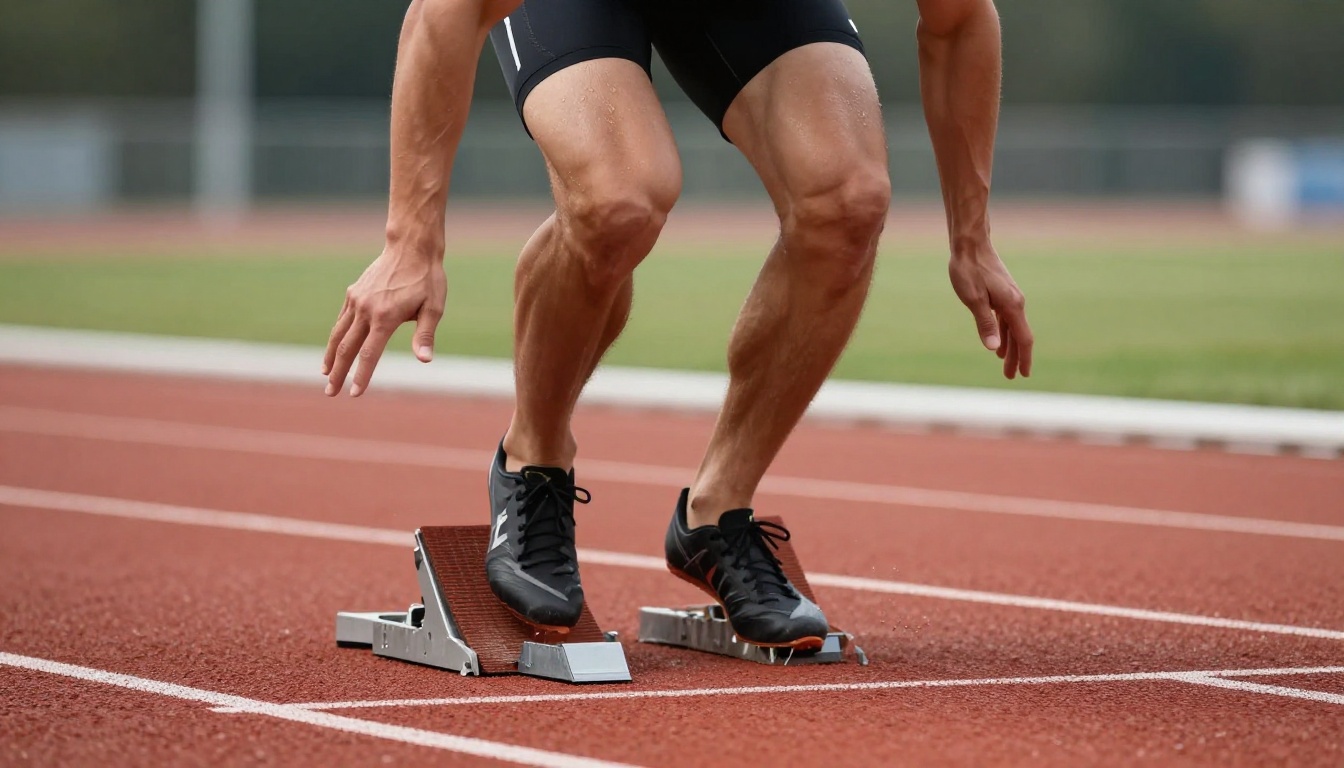 Sprinter launching from starting blocks with explosive physical motion