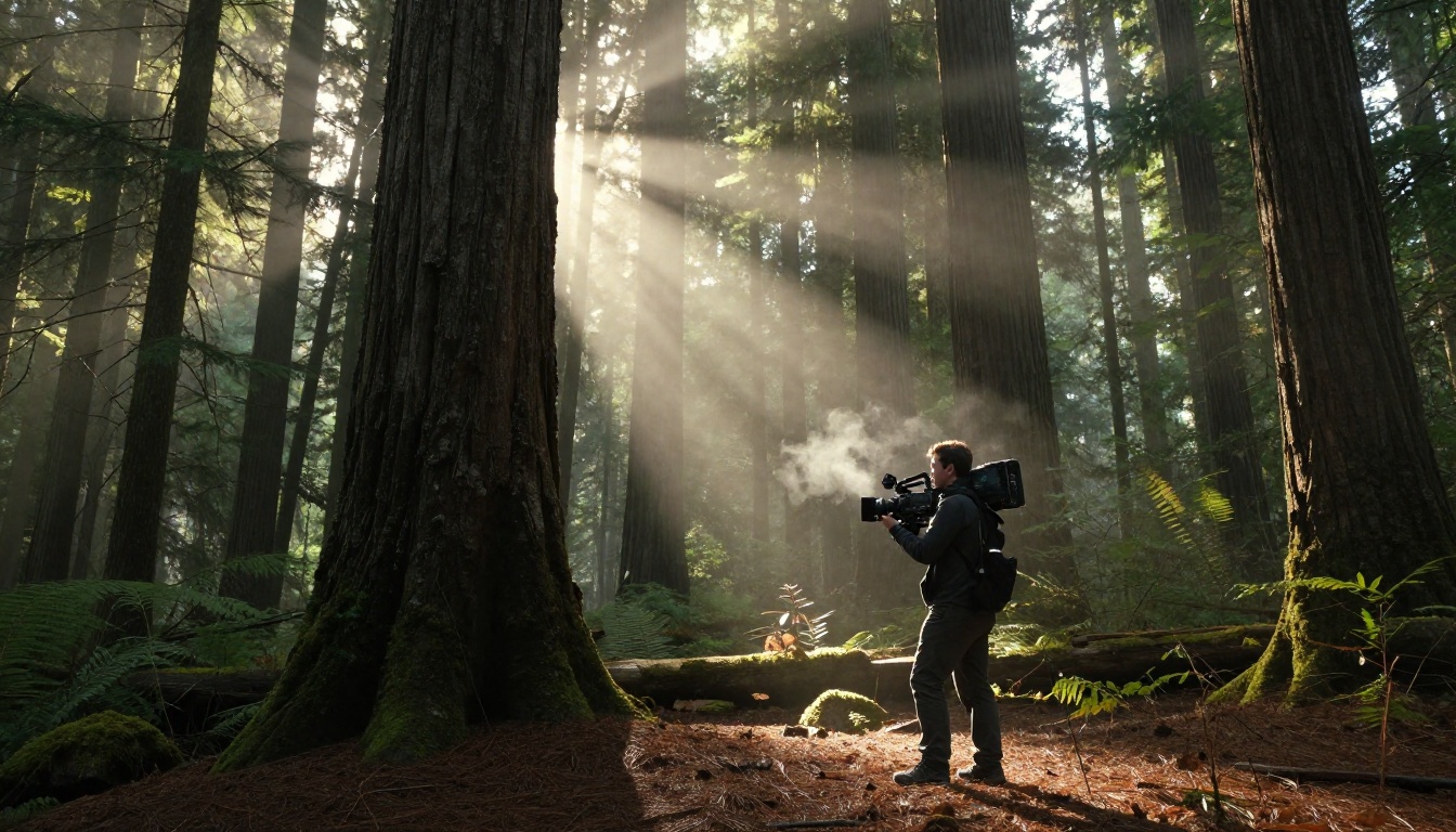 Camera operator moving through dense forest with volumetric backlight Camera operator moving through dense forest with volumetric backlight