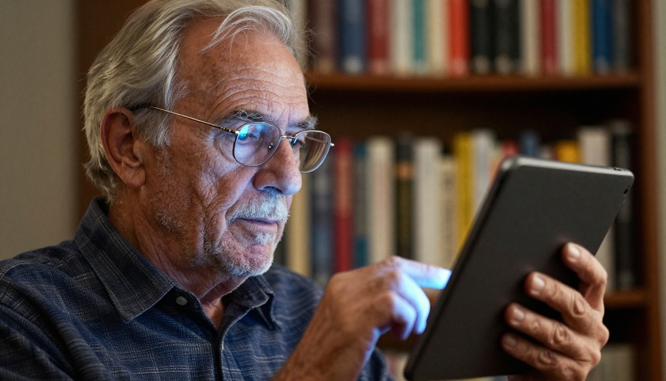Senior film director reviewing AI-generated video footage on tablet Senior film director reviewing AI-generated video footage on tablet