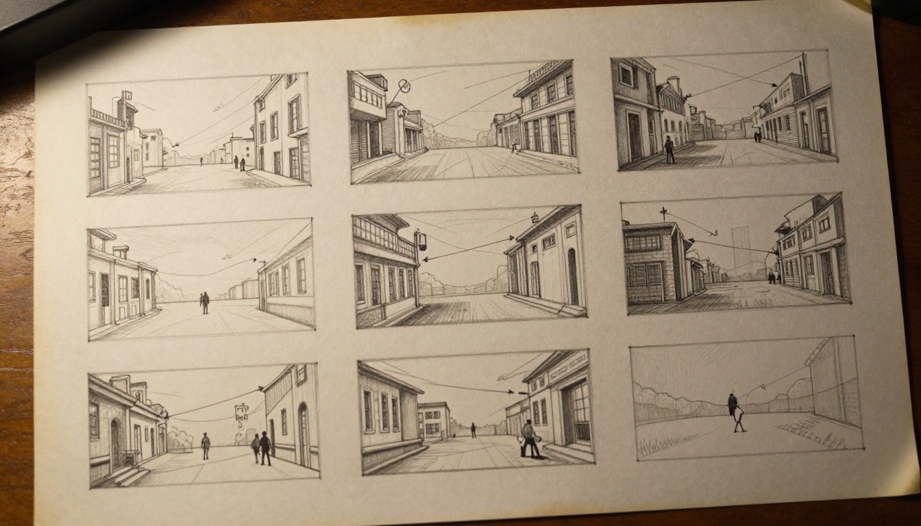 Hand-drawn storyboard panels with scene compositions and camera direction annotations spread across a wooden desk