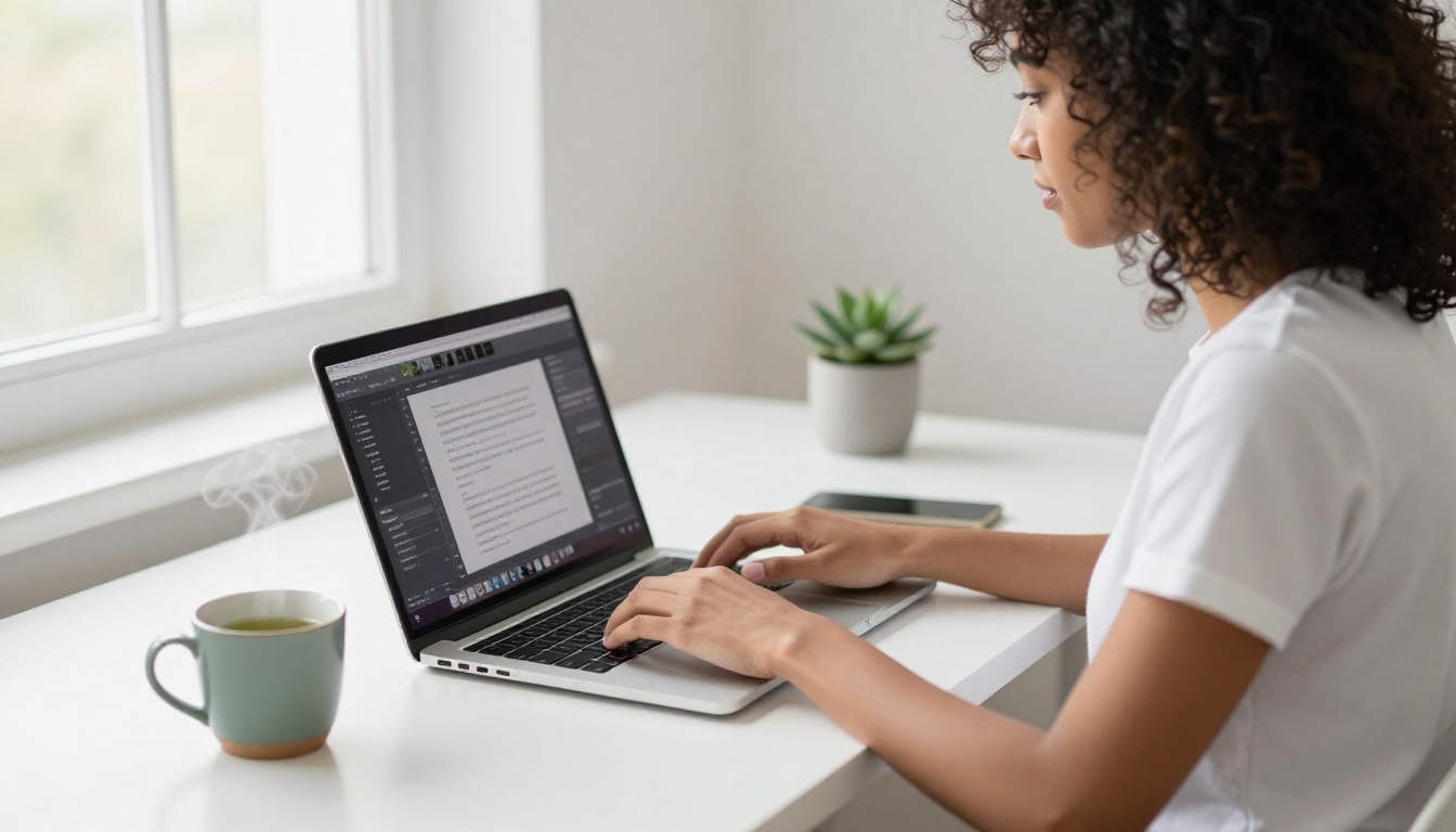 A young creative professional typing AI video scene prompts on a laptop in a bright minimalist workspace with natural window light