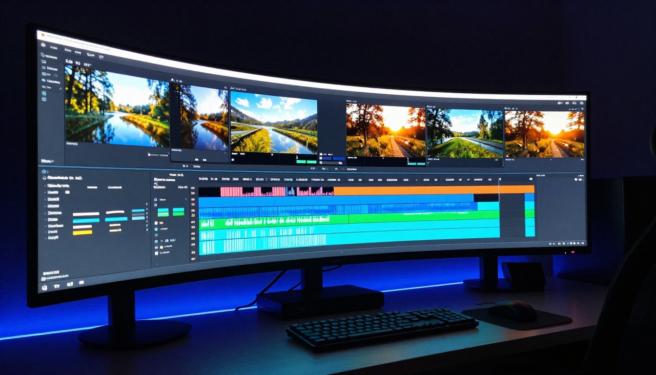 Professional video editing timeline displayed on a large curved 4K monitor in a dark studio, with color-coded video tracks and audio waveforms