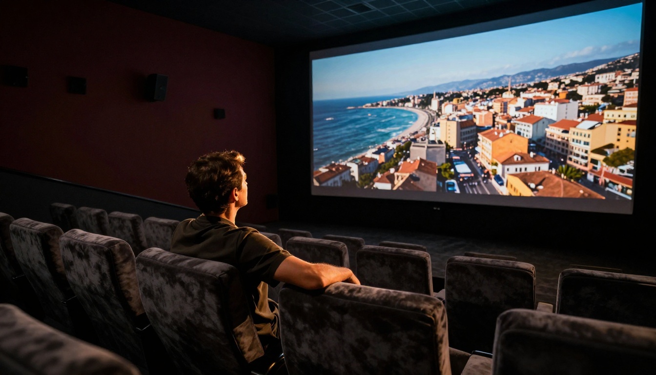 A man watches cinematic AI-generated footage on a large projection screen in a private screening room, lit only by projection light in warm amber tones