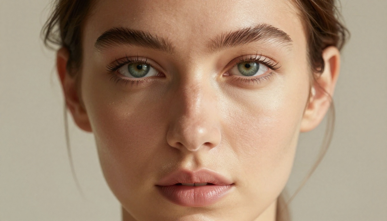 Close-up beauty portrait, natural light, olive skin, green eyes, editorial photography