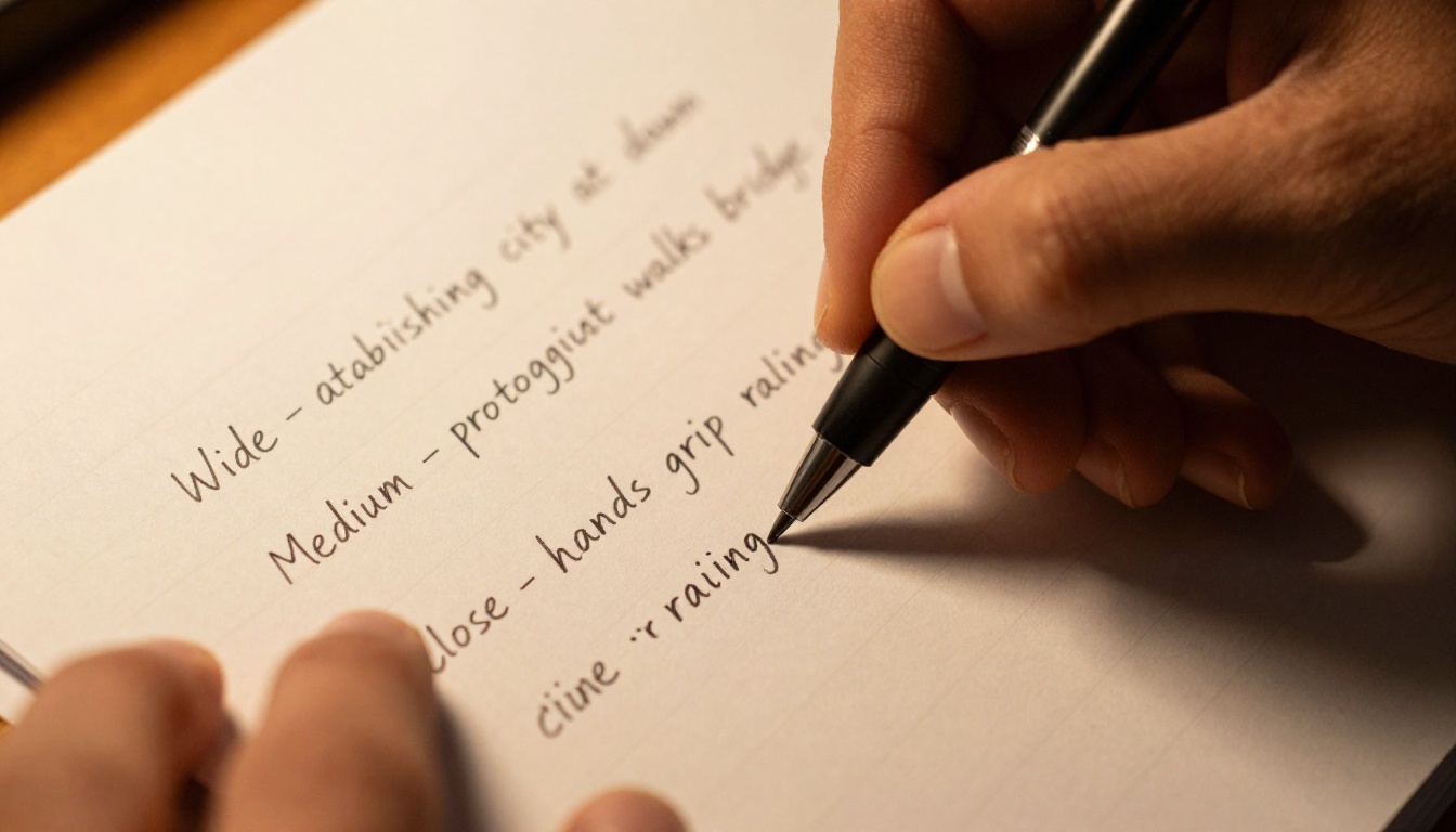 Close-up macro of a hand writing precise scene direction notes on ruled paper with a fine-tip pen, listing shot types in small careful handwriting