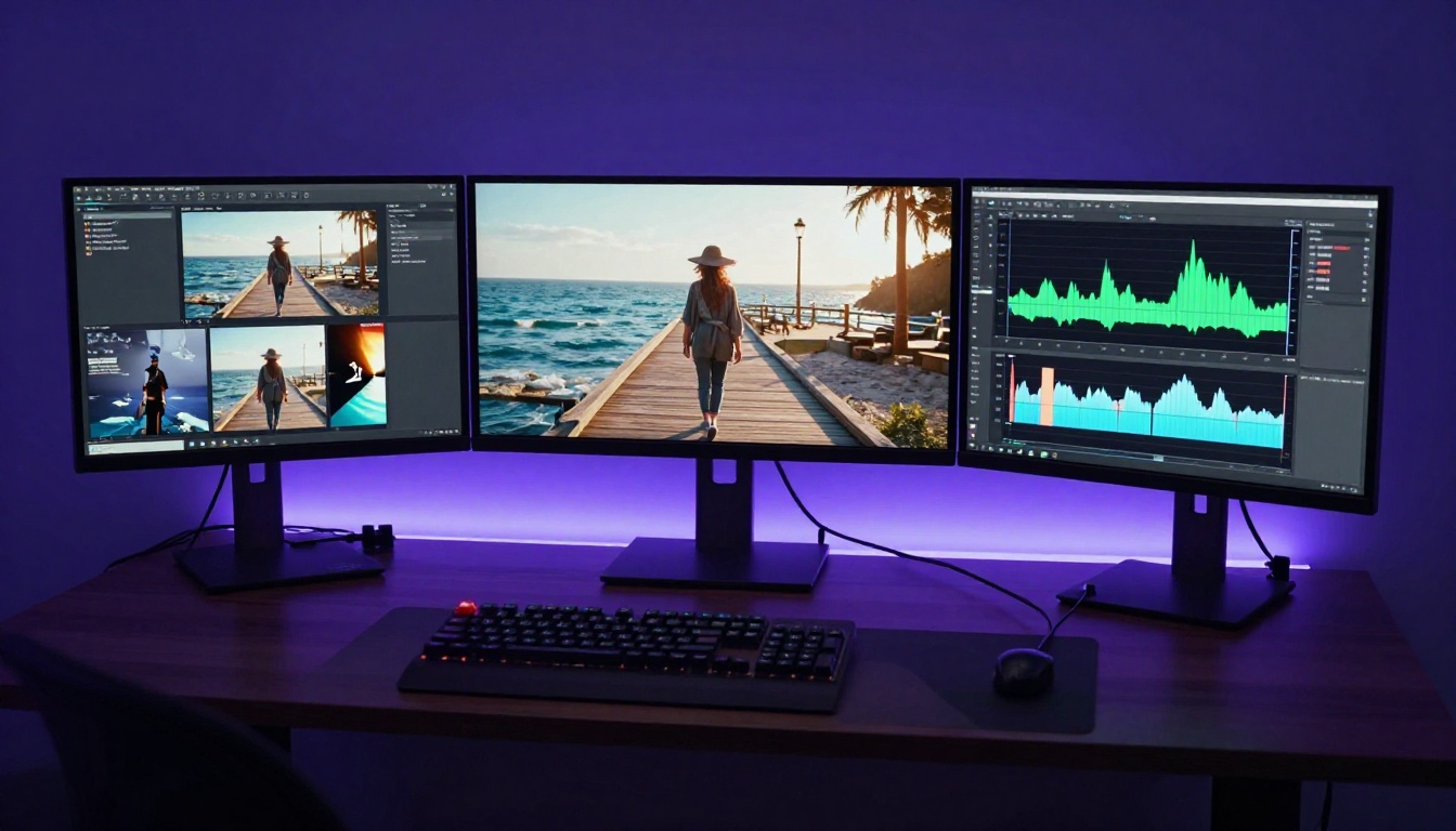 A three-monitor workstation in a dim studio showing an AI video generation interface, a paused cinematic video frame, and a color waveform scope