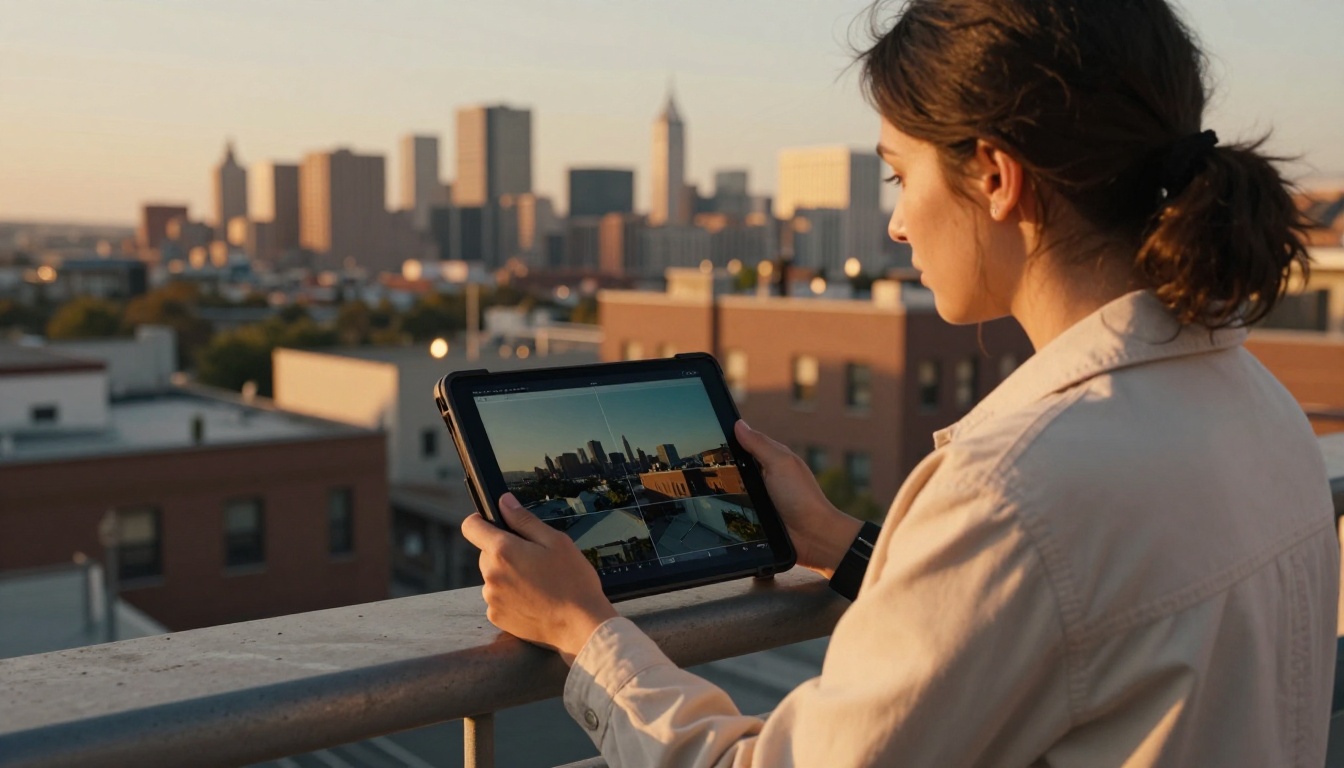 A filmmaker stands on a rooftop at golden hour holding a tablet showing a storyboard panel that mirrors the city skyline view directly in front of her