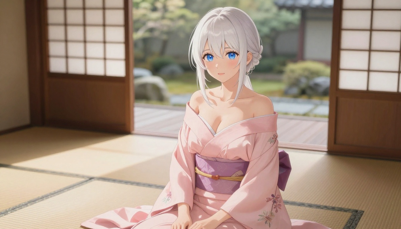 Anime-style woman in blush yukata, Japanese tea house, cinematic natural light