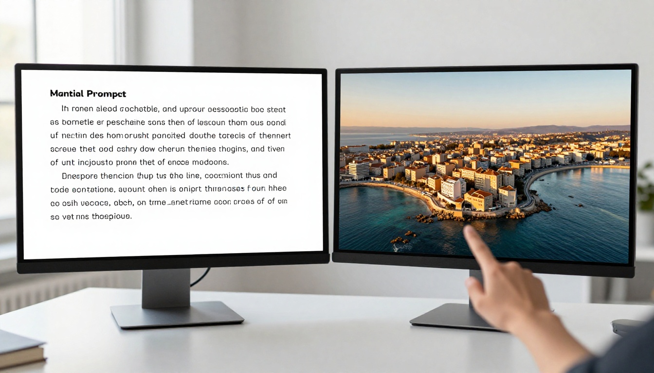 A split-screen view on a monitor showing a written video prompt on the left and the resulting photorealistic cinematic video frame on the right