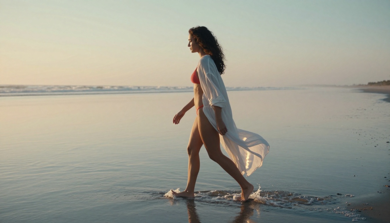 Woman in sheer beach cover-up walking shoreline at dusk, wet sand mirror reflections Woman in sheer beach cover-up walking shoreline at dusk, wet sand mirror reflections