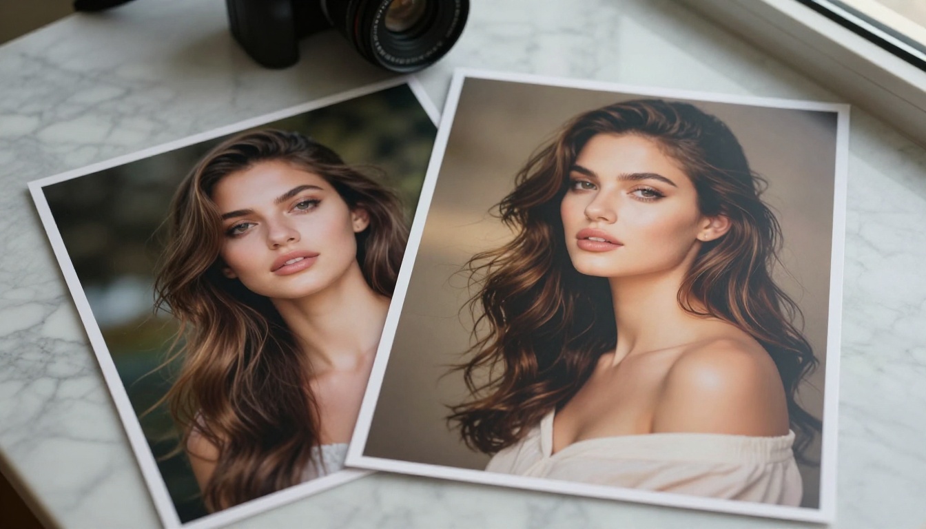 Two glamour prints on marble surface comparing AI image quality evolution Two glamour prints on marble surface comparing AI image quality evolution