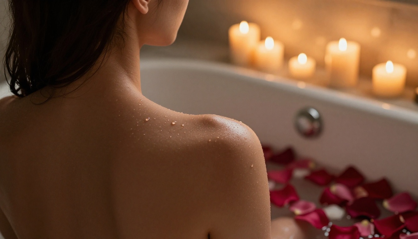 Candlelit rose petal bath scene generated with Flux 2 Pro, photorealistic no account needed