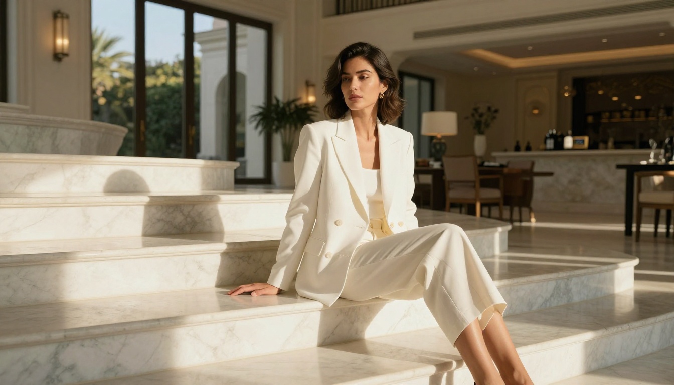 Elegant woman in white blazer on marble staircase in luxury villa, morning light from window
