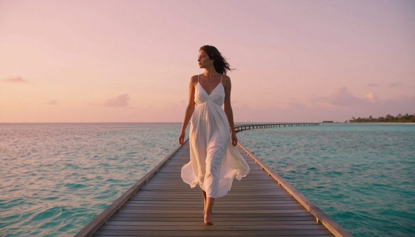 Woman in white sundress on tropical sunrise boardwalk, free NSFW AI generator no sign up