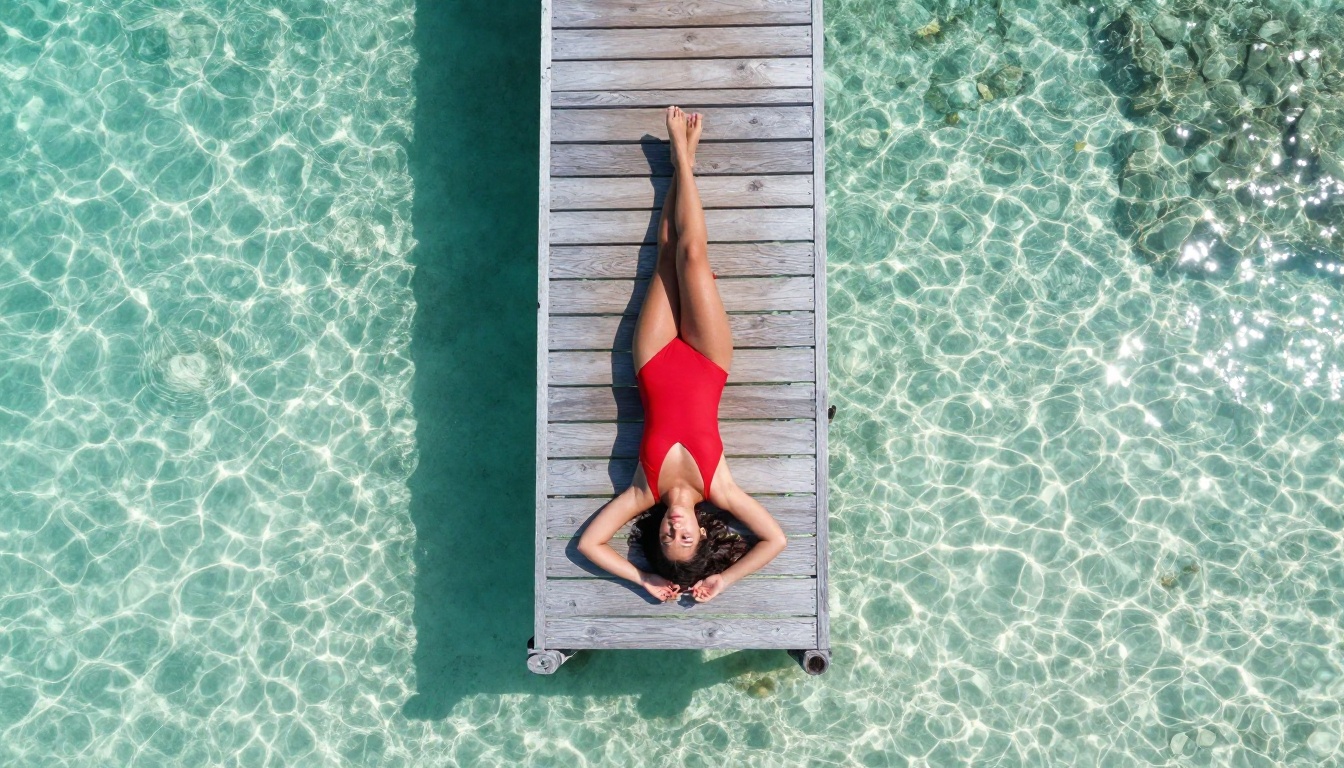 Woman relaxing on wooden pier over turquoise Caribbean water, aerial top-down perspective