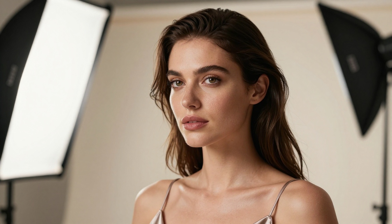 Extreme close-up portrait of woman with natural features, butterfly studio lighting, silk dress, razor-sharp focus Extreme close-up portrait of woman with natural features, butterfly studio lighting, silk dress, razor-sharp focus