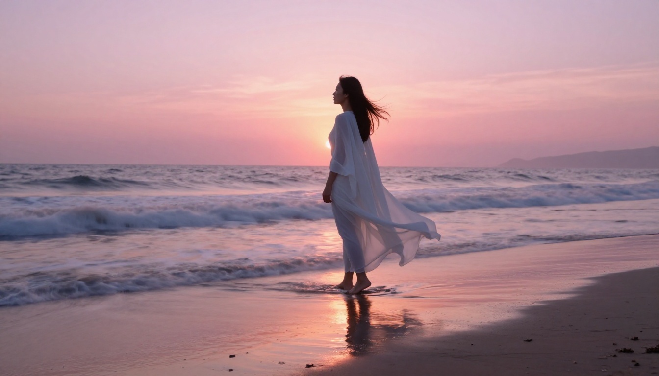 Woman in flowing white chiffon on beach at dawn, long exposure silky water, pink-purple sunrise horizon Woman in flowing white chiffon on beach at dawn, long exposure silky water, pink-purple sunrise horizon