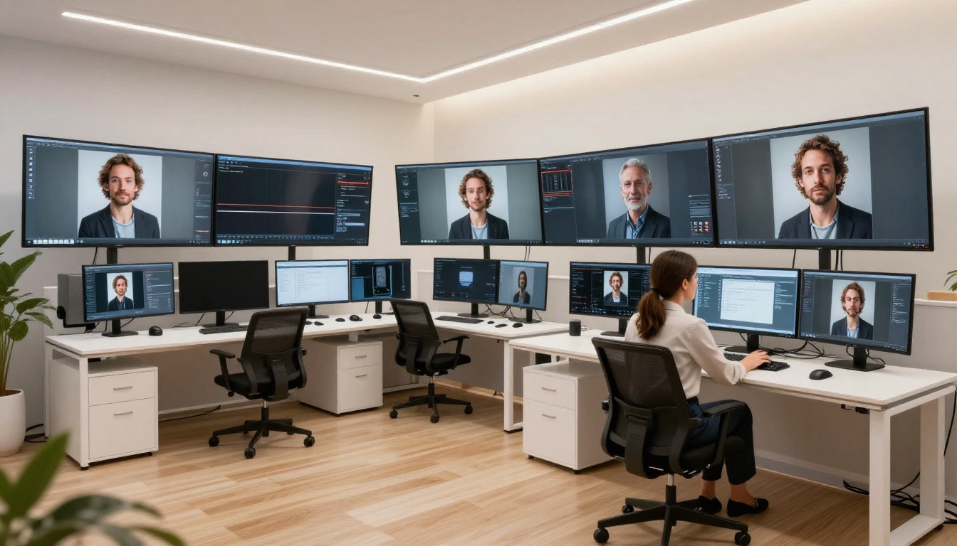 AI image generation workspace with professional photographer reviewing portraits on large monitors