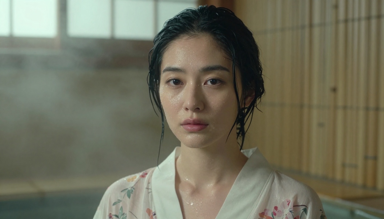 Woman in onsen steam portrait