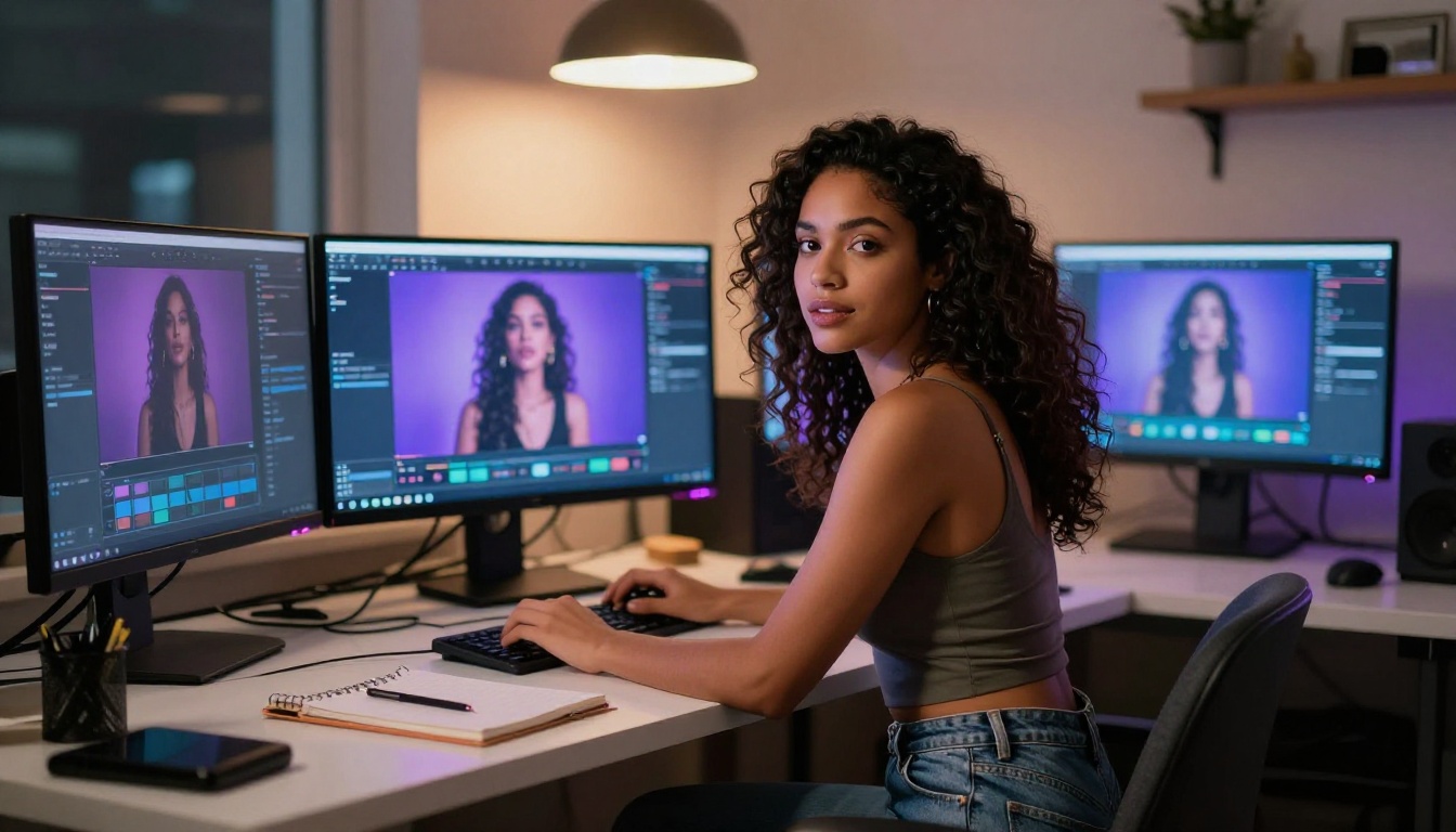Creative workspace with AI monitors