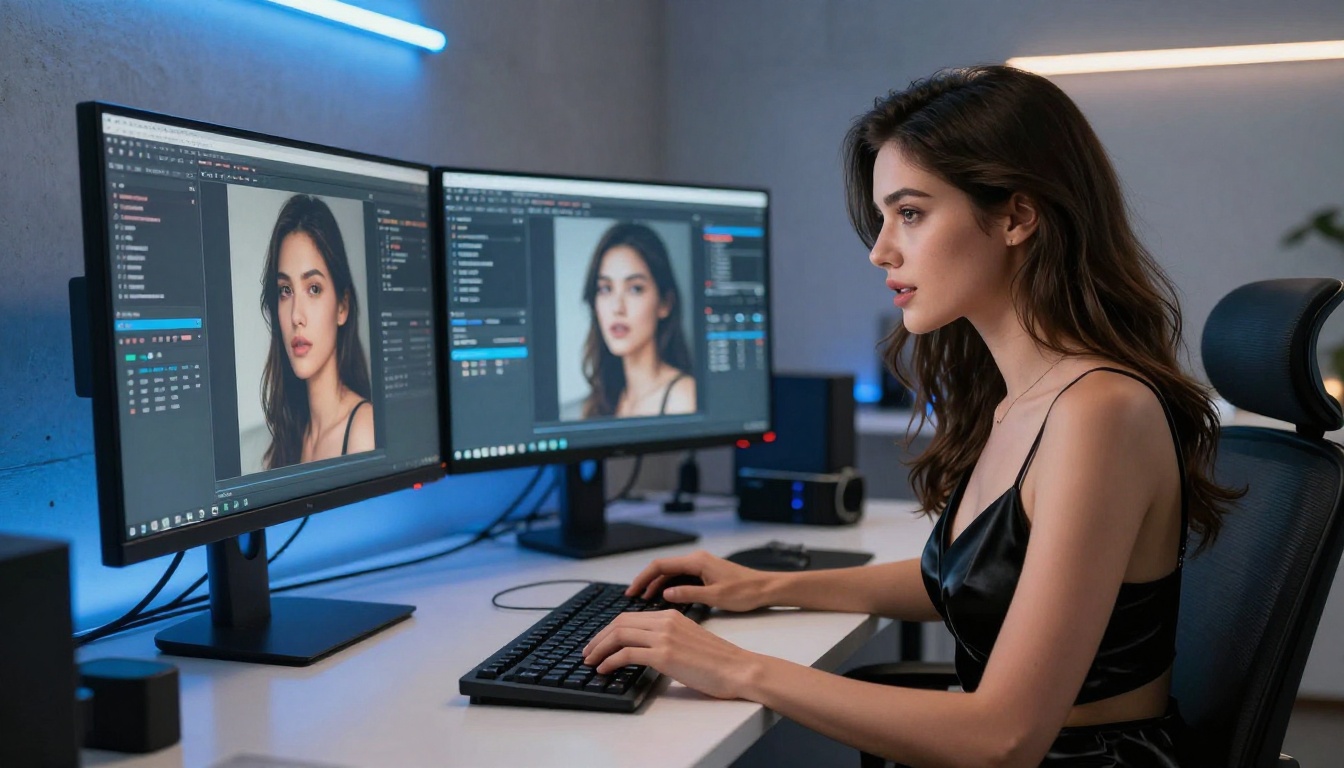 Woman at AI workstation generating images
