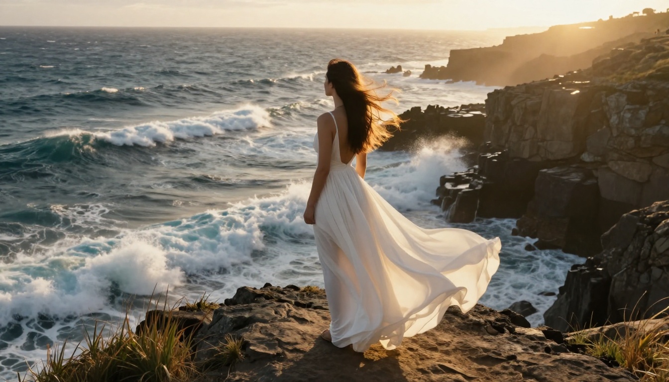 Fashion model on coastal cliff at golden hour